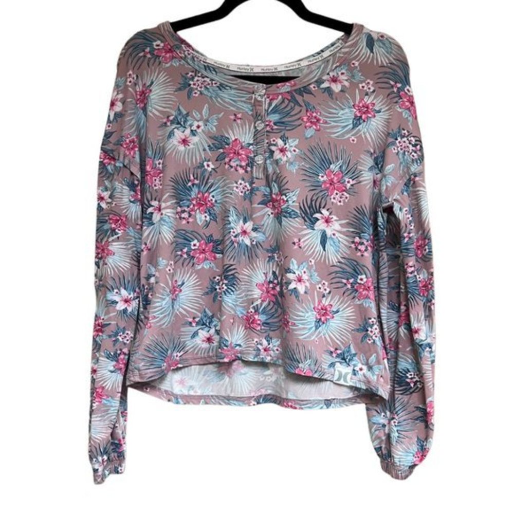 Women's NWOT Hurley Tropical Floral Scoop Neck Long Sleeve Lounge Top S - Picture 1 of 5
